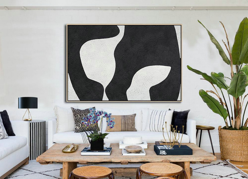 Oversized Custom Canvas Art,Hand Painted Oversized Horizontal Minimal Art On Canvas, Black And White Minimalist Painting - Modern Art